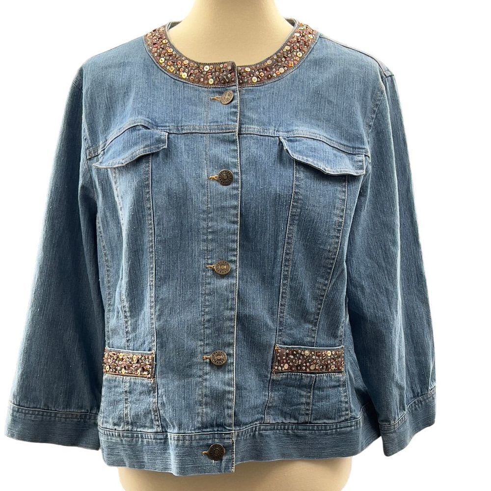 Hearts of Palm Women's Blue Beaded Denim Crop Jacket Size 14